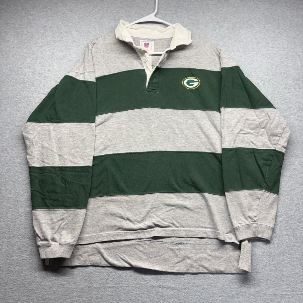 NFL Green Bay Packers Rugby Shirt Mens XL Grey Green Striped Long Sleeve Polo